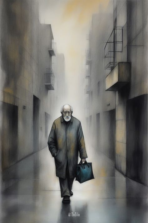 A lonely old man walks down the street Lonely Man, Walking Down The Street, In The Bag, Old Men, Old Man, Surrealism, Walking, Quick Saves, Art