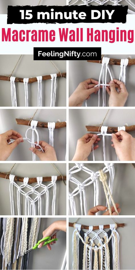 Learn how to make a DIY macrame wall hanging for beginners. Learn the square and larks head knots in this easy step by step tutorial. Add this to your macrame projects list. This simple, large boho pattern can be used in home decor in the bedroom to the living room. Use different color yarn and driftwood to make this free layered modern macrame pattern. Easy Diy Macrame, Diy Macrame Wall Hanging, Simpul Makrame, Koti Diy, Macrame Crafts, Macrame Wall Hanging Tutorial, Kraf Kertas, Macrame Knots Tutorial, Macrame Knots Pattern