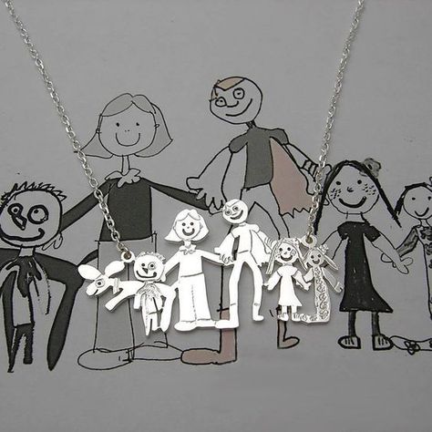 Drawing Kids, Family Drawing, Childrens Drawings, Art Necklaces, Family Jewellery, Mom Jewelry, Keepsake Jewelry, Memorial Jewelry, Custom Jewelry Design