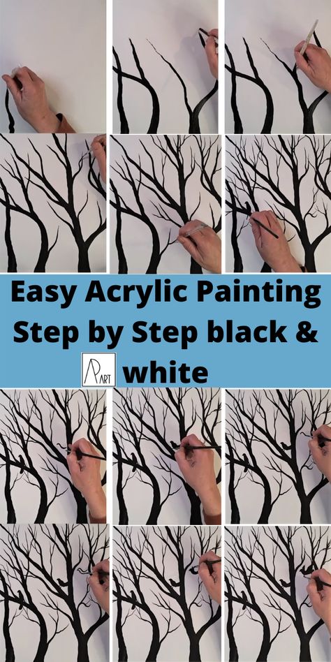 Step By Step Tree Painting, Painting Tree Silhouette, How To Paint Black Trees, How To Paint Tree Silhouette, Black And White Tree Painting, Black Trees Painting, Black And White Painting Acrylic Easy, Black And White Painting Simple Canvas, How To Paint Trees Acrylic Step By Step