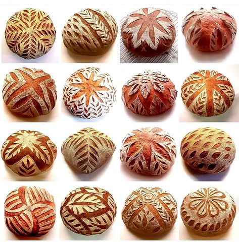 Designs In Bread, Sourdough Bread Artwork, Artisan Bread Scoring, Artisan Bread Scoring Patterns, Pretty Bread Scoring, Artisan Bread Designs, Sourdough Bread Patterns, Sourdough Design Ideas, Sour Dough Bread Designs