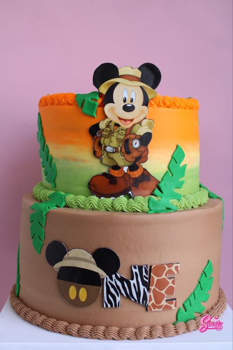 Mickey Mouse Safari 2nd Birthday, Mickey Safari Birthday Cake, Mickey Mouse Safari Cake, Mickey Safari Cake, Mickey Mouse Smash Cakes, Mickey Mouse Birthday Theme, Baby Boy Birthday Themes, Aladdin Birthday Party, Chocolate Covered Desserts