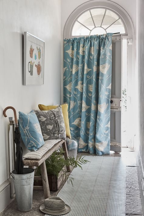 In a period home, it's inevitable that an original door will allow draughts into the home. Hanging a curtain will keep your home warm in winter – and add a pretty detail the rest of the year round. #hallway #curtain Curtains Hallway, Hallway Curtains, Hall Curtains, Front Door Curtains, Vanessa Arbuthnott, Hallway Flooring, Hallway Designs, Hallway Design, Curtain Rails