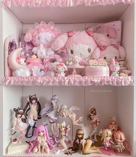 Kawaii Shelves, Cutecore Shelf, Kawaii Shelf, Figure Shelf, Cutecore Room, Bookshelf Room, Kawaii Room Ideas, Kawaii Bedroom, Otaku Room