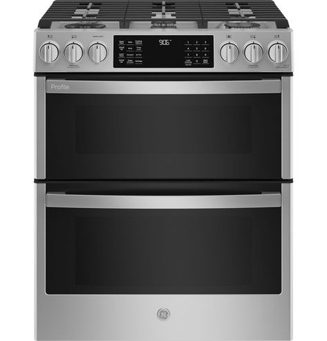 GE Profile™ 30 Smart Slide-In Front-Control Gas Double Oven Convection Fingerprint Resistant Range Double Oven Gas, Gas Range Double Oven, Double Oven Range, Cleaning Oven Racks, Ge Profile Appliances, Convection Range, Slide In Range, Self Cleaning Ovens, Convection Cooking