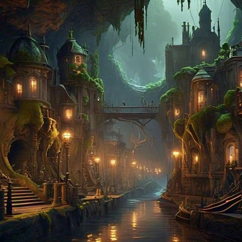 Ah, the wonderful world of the Nilleli Cave City. Where statues come to life and sprites dance along the neon glow of the magical lanterns. Be you a Gifter, Mimic, or Leaper, I’m sure you have an opinion of their leader, Regaldo, living in the gothic castle at the end of the river that roams through the underground town. And I’m certain that opinion isn’t all too friendly. Link in bio for book 1, book 2 drops Sep 15. #booksy #kindleunlimited #bookish #bookstagram #scifibooks #scififantasy #... Underground Elven City, Fantasy Cave Home, Cave City Fantasy Art, Underground Castle, Underground Town, Magical Cave, Cave Aesthetic, Cave Castle, Cave Town