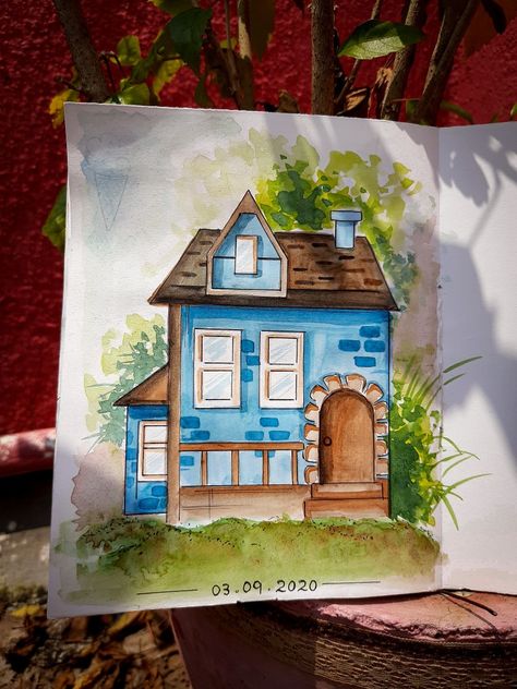 Home sweet home❤ Paintings Ideas Watercolor, Drawing With Watercolor Ideas, Water Colouring Ideas, Cute Drawings Colorful, Water Colours Drawing Ideas, Watercolor House Painting Simple, Watercolour Art Aesthetic, Water Colour Painting Ideas, Home Sweet Home Painting