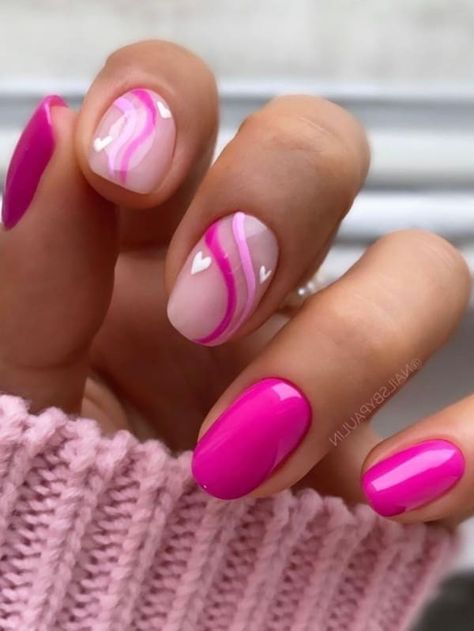 Gel Manicure Ideas For Short Nails Summer Art Designs, Short Round Valentines Day Nails, Hot Pink Nail Ideas Short, Short Nails Art Pink, Hot Pink Nails With Design Short, Pink Gel Nail Designs For Summer, Beautiful Classy Nails, Pink Swirl Nails Short, Short Nails With Swirls