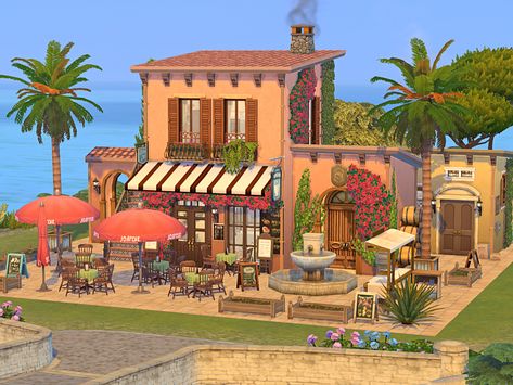 Sims 4 Tartosa Lot, Sims 4 Italian Restaurant, Sims 4 Tartosa Restaurant, Sims 4 Tartosa Build, Restaurant The Sims 4, Tartosa Sims 4, Sims 4 Italian, Sims 4 Tartosa, Sims Architecture