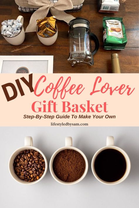 What To Put In A Coffee Gift Basket, Espresso Gift Basket Ideas, Coffee Basket Ideas Silent Auction, Bar Gift Basket Ideas, Diy Coffee Gift Basket, Homemade Coffee Gifts, Coffee Themed Gift Basket, Basket Diy Ideas, Bar Gift Basket