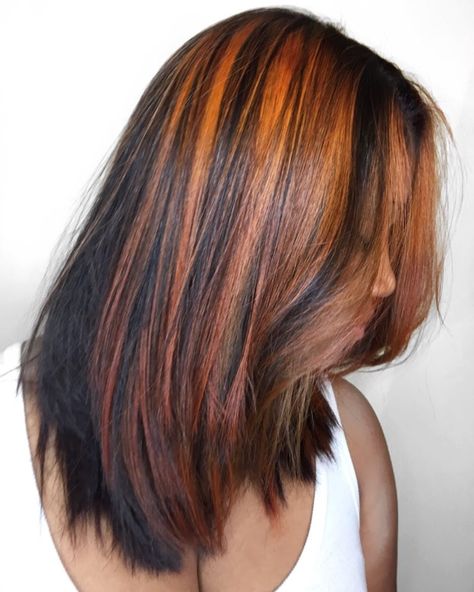 Apple Spice Hair Color, Fall Colors To Dye Your Hair, Ginger Striped Hair, Ginger Hair Black Highlights, Natrual Hair Colors, Black Hair With Orange Streaks, Orange Hair With Black Highlights, Orange Hair With Black Streaks, Chunky Orange Highlights