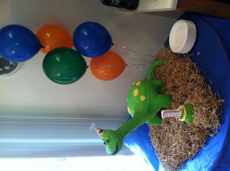 Elijah's 1st Birthday Brontosaurus cake. I made it with PVC, rice crispy treat, chocolate cake, and buttercream icing. Fun and tasty! Brontosaurus Cake, Rice Crispy Treat, Rice Crispy Treats, Dino Party, Buttercream Icing, Crispy Treats, Rice Crispy, Dinosaur Party, I Made It