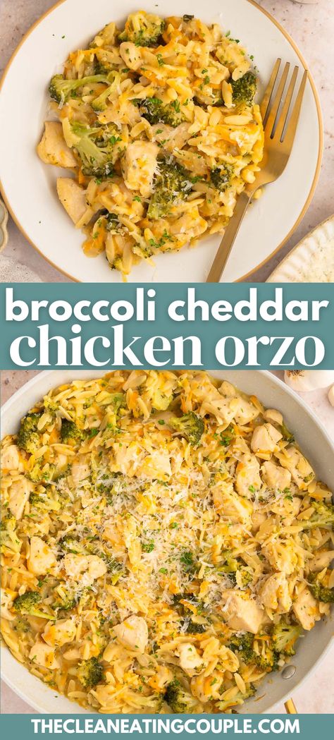 Broccoli Cheddar Orzo with Chicken is an easy one pot meal that your whole family will love. Secretly healthy, high protein and super cheesy! Veggie Chicken Casserole, Easy Dinner Ideas High Protein, Food Planning Weekly Meal Ideas, Broccoli Dishes Healthy, Health Casserole Recipes Healthy Dinners, Secret Healthy Recipes, Broccoli Cheddar Recipes, Broccoli Cheddar Chicken Orzo, Broccoli Cheddar Orzo Pasta