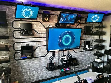 Cool Game Room Ideas, Cool Game Room, Playstation Room, Game Room Ideas, Games Room Inspiration, Farm Hacks, Small Game Rooms, Retro Games Room, Arcade Room