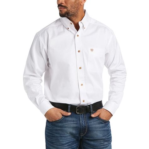 PRICES MAY VARY. WESTERN CASUAL SHIRT: A western look that will please any cowboy, this easy-wearing Ariat long-sleeve shirt for men boasts durable twill cotton fabric and double-needle topstitch for added reinforcement. CLASSIC FIT: Featuring a generous fit, this men's dress shirt has an extended body length to ensure your shirttail stays tucked at all times for a neat and handsome look. The cotton construction makes an ideal choice for those with an active lifestyle. FREEDOM OF MOVEMENT: Comfo Twill Shirt, Western Shirts, Western Outfits, Mens Shirt Dress, White Long Sleeve, Mens Long Sleeve, Workout Shirts, Cotton Shirt, Button Up Shirts