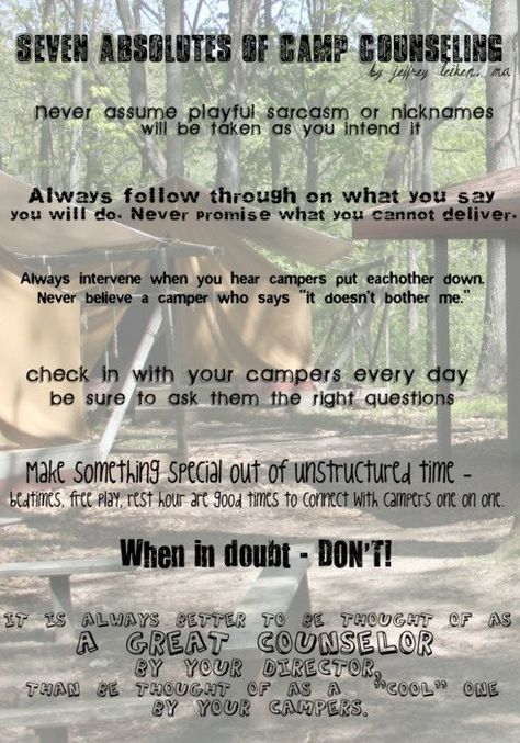 Seven Absolutes of Camp Counseling Camp Counselor Aesthetic, Summer Camp Staff, Camp Quotes, Summer Camp Counselor, Camp America, Girl Scout Camp, Christian Camp, Girl Scout Camping, Summer Camp Ideas