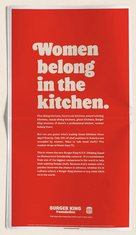 "Many Lessons In This One!" Burger King Forced To Delete & Apologise For 'Women Belong In The Kitchen' Advert - B&T Burger King Women Belong In The Kitchen, Women Belong In The Kitchen, Long Copy Advertising, Women In Advertising, Long Copy Ads, Adverts Design, Burger King Ads, Controversial Ads, Typography Ads