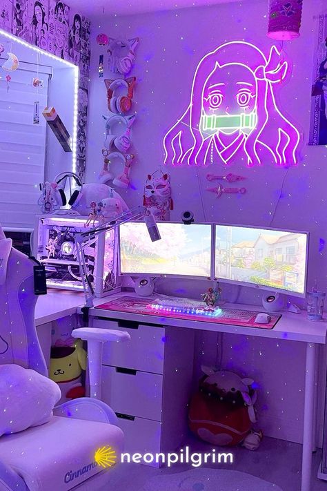 Gorgeous LED neon sign made for @nintendo.grl Visit - www.neonpilgrim.com - to shop cool neon designs or create yours! #gamingsetup #animedecor #demonslayer Gaming Room Decor Ideas, Are Ya Coping Daughter, Anime Gaming Room, My Room At Night, Gamer Girl Setup, Nintendo Grl, Are Ya Coping, Kawaii Instagram, Led Ideas