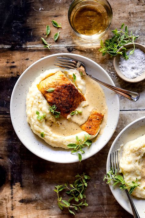 A cozy, hearty salmon dish ready in under 30 minutes. Serve with mashed potatoes or wild rice pilaf for a fulfilling autumn bowl (and an awesome weekly meal prep!) Salmon Mashed Potatoes Broccoli, Salmon And Mashed Potatoes Dinners, White Wine Salmon, Salmon And Mashed Potatoes, Autumn Bowl, Creamy Dijon, Wild Rice Pilaf, Weekly Meal Prep, Potato Dinner