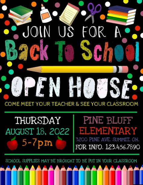 Open House Flyers For School, Open House Decorations School, School Open House Flyer, Preschool Flyer Design, Back To School Flyer Template Free, Open House Ideas For Preschool, School Flyer Design, Back To School Flyer, Open House Flyer