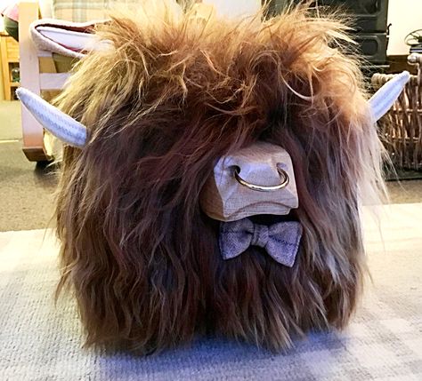 Hairy Coo Footstool from Tweed Yourself  www.tweedyourself.co.uk Highland Cow Stool Diy, Highland Cow Footstool Diy, Highland Cow On Toilet, Highland Cow Stool, Wood Highland Cow, Highland Cow Footstool, Animal Gnomes, Ladder Art, Dog Gnome