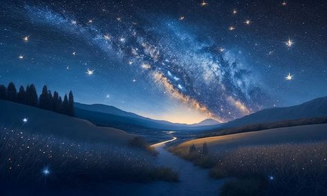 A starry night sky over a landscape with... | Premium Photo #Freepik #photo #cosmos #night-sky #nightscape #milky-way Aesthetic Background Aesthetic Background Landscape, Night Aesthetic Landscape, Night Sky Landscape, Galaxy Landscape, Night Sky Wallpaper Laptop, Night Sky Background, Landscape Night Sky, Starry Night Landscape, Laptop Wallpaper Night Sky