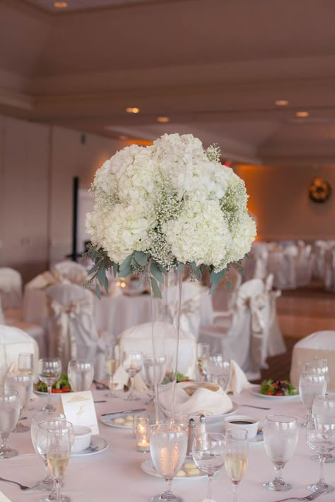 Tall White Hydrangea and Baby’s Breath Wedding Centerpiece Flowers in Clear Vase | White and Ivory Wedding | Tampa Wedding Floral Designer Northside Florist. Flowers In Clear Vase, Hunter Wedding, Tall Wedding Centerpieces, Hydrangea Centerpiece, Golf Course Wedding, Hydrangeas Wedding, Clear Vase, Wedding Floral Centerpieces, Tall Centerpieces