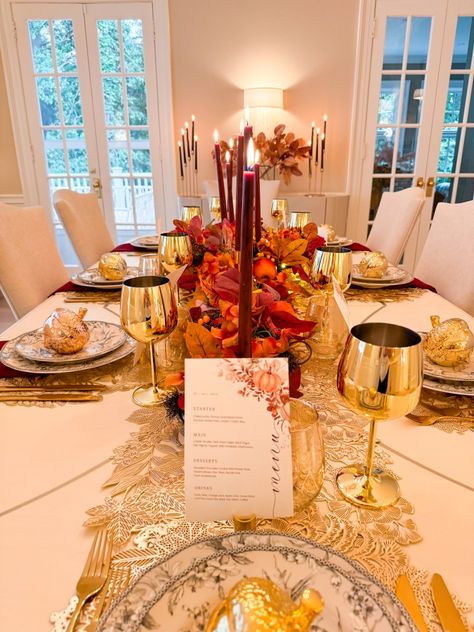 GOLDEN HARVEST:HOW TO STYLE THE PERFECT THANKSGIVING TABLE FOR A COZY, ELEGANT CELEBRATION • The Finer Things Gold Thanksgiving Table Setting, Thanksgiving Table Place Settings, Gold Thanksgiving Table, Elegant Thanksgiving Table, Gold Wine Glasses, Thanksgiving 2024, Thanksgiving Dinner Menu, Golden Harvest, Apple Decorations