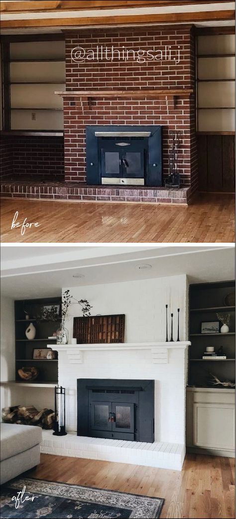 @allthingsali.j on instagram before and after ugly brick fireplace mantel makeover 70s Fireplace Makeover Brick, Fireplace Makeover Before And After Brick, Whitewash Stone Fireplace Before And After, Before After Fireplace, Colonial Fireplace Makeover, Brick Fireplace Before And After, Brick Fireplace Transformation, Painted Brick Fireplace Before And After, Painted Fireplace Brick Before And After