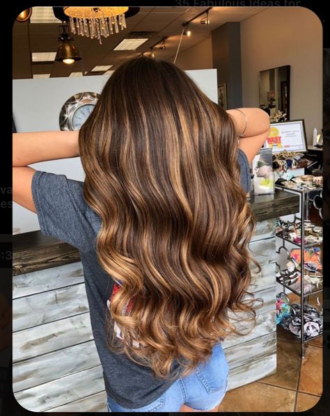 Honey Brown Lowlights On Dark Hair, Honey Brown Hair Highlights On Black Hair, Dark Hair W Caramel Highlights, Butterscotch Hair With Highlights, Carnal Baliage, Pintura Highlights Brown Hair, Hi Lighted Hair, Carmal And Blonde Highlights On Dark Brown Hair, Brown Hair With Amber Balayage