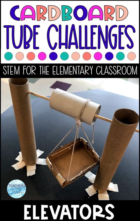 Cardboard Tube Challenge- Build a cranking roller that lifts a weight- it's an elevator! The main material is the flexible and versatile empty toilet tissue roll. Poster Tube Craft, Long Cardboard Tube Crafts, Cardboard Challenge, Galaxy Ideas, Gifted Classroom, Cardboard Tube Crafts, Makerspace Projects, Cardboard Play, Stem Classes