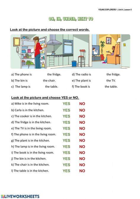 YE1: On, in, under, next to worksheet In On Under Next To Worksheet, Simple Present Tense Worksheets, Advance English, Simple Present Tense, English As A Second Language (esl), English As A Second Language, English Language Learning, School Subjects, Language Learning