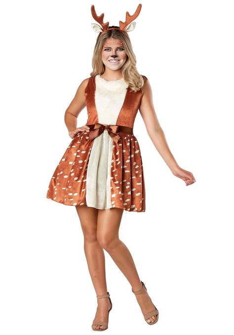 PRICES MAY VARY. Size: Medium 100% polyester Sleeveless crushed velour dress with faux fur front Satin ribbon with bow is sewn on dress Hook and loop fastener on the back, tail sewn in Embrace the woodland charm and unleash your inner cuteness with the Adorable Deer Costume for Adults! Exclusively made by us, this delightful ensemble will transport you to a world of whimsy and enchantment, making you the most endearing deer in the forest. Crafted with 100% polyester, this costume is super adorab Deer Costume Women, Woodland Outfit, Deer Halloween Costumes, Halloween Whimsical, Dear Costume, Deer Costume, Whimsical Woodland, Celebrity Halloween Costumes, Costume For Halloween