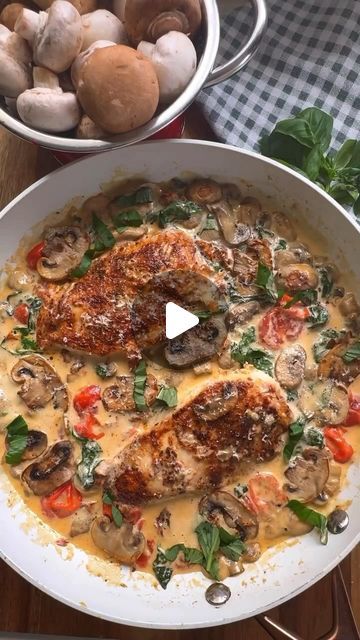 Goodies Channel on Instagram: "Mushroom Tuscan Chicken 🍄‍🟫 🍗 ⭐️ 
 
This Creamy Mushroom Tuscan Chicken it’s perfect for any day. But perfectly to eat in this time of year. 🙌🏻 
I’m always looking for new dinner ideas that feel like having restaurant quality meals at home and this one will def impress whoever you are cooking for 😉 
 
What you need: 
1 Tbsp Sundried Tomato Oil 
1 Tbsp Olive Oil  
2 Chicken Breasts 
1 Tsp Paprika 
1 Tsp Garlic Granules 
1 Tsp Onion Salt 
1 Tsp Oregano  
300g Mushrooms(I used button & chestnut) 
Knob of Butter 
1 Shallot  
1 Tsp Minced Garlic  
100g Cherry Tomatoes 
2 Tbsp Sun-Dried Tomatoes  
200g Baby Spinach  
250ml Double Cream  
Parmesan Cheese 
Fresh Basil 
 
What to do: 
In a large pan add oil and cook chicken seasoned with paprika, garlic, onion s Chicken Spinach Mushroom, New Dinner Ideas, Tomato Oil, Sundried Tomato Chicken, New Dinner, Meals At Home, Double Cream, Sundried Tomato, Tuscan Chicken