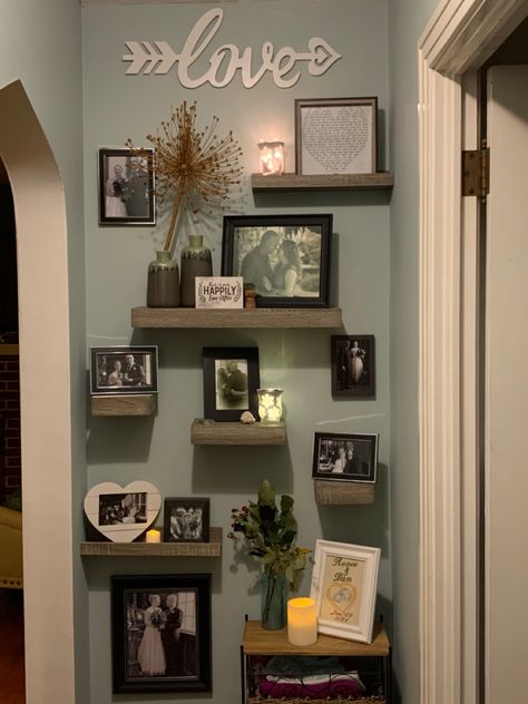 Family Photo Wall Ideas Hallways Entryway, End Of Hallway Wall Decor Ideas, End Of Hallway Picture Wall, End Of The Hallway Decor, Display Wedding Photos At Home, End Of Hallway Wall Decor, Hallway Picture Display, End Of Hallway Ideas, End Of Hallway Decor Ideas