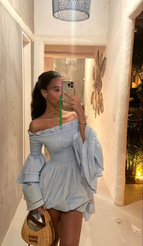 Cocette Dress, Blue Off Shoulder Top Outfit, Early 2000s Summer Outfits, Zimmerman Outfit, Fancy Date Night Outfit Dresses, Light Blue Outfit Aesthetic, Pretty Spring Outfits, Summer Outfits Dresses, Summer Dresses Outfits