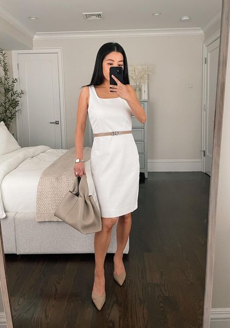 how to style a white dress for the office // petite white sheath dress outfit Ann Taylor Outfits 2023, Ann Taylor Outfits, Sheath Dress Outfit, Ann Taylor Outfit, Black Mock Neck Top, Dress Outfit Casual, Taylor Outfits, White Sheath Dress, Extra Petite