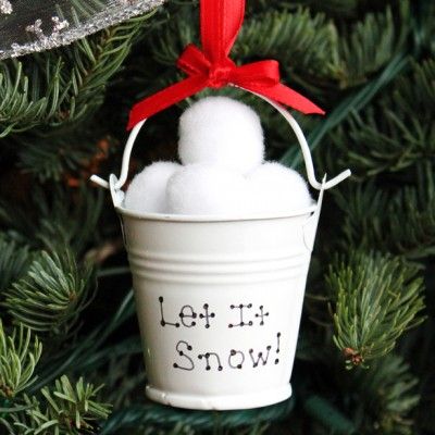 Pail Christmas Ornament - Cut the styrofoam ball in half rub 2 sides together to remove crumbles. Put 1/2 of ball into bucket, curved side down. Add snowballs, squeeze  generous glue onto styrofoam. Add 4 pom poms to fill space at top of the bucket. Add glue to bottom of 1 more pom pom & place on top. Unusual Christmas Ornaments, Jul Diy, Easy Christmas Ornaments, Diy Christmas Ornaments Easy, Diy Christmas Ornament, Dollar Store Christmas, Easy Christmas Diy, Christmas Ornaments Homemade, Christmas Ornament Crafts