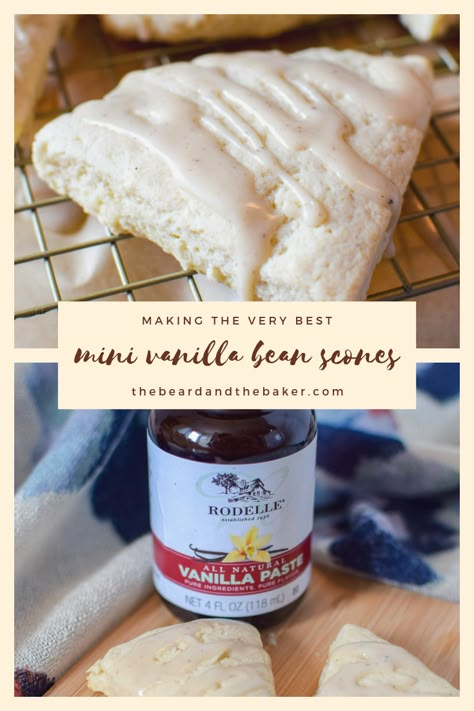 These mini vanilla bean scones are full of flavor, especially when you use the vanilla bean paste! They are perfect on their own or eaten with a big ol' mug of coffee. #beardandbaker #scones #starbuckscopycat #copycatscones #vanillabean #vanillapaste Vanilla Bean Bread, How To Use Vanilla Bean Paste, Vanilla Bean Paste Recipe Baking, Uses For Vanilla Bean Paste, Vanilla Paste Uses, Vanilla Bean Paste Cookies, Vanilla Bean Paste Uses, Recipes Using Vanilla Bean Paste, Recipes With Vanilla Bean Paste