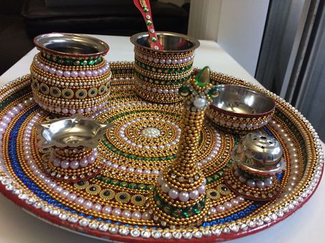 Pooja Thali Small 9 inch with all item - Bell - Two small bowl - Agarbati stand - diva stand - achmani - small Lota Arti Thali Decoration, Kalash Decoration, Coconut Decoration, Thali Decoration, Thali Decoration Ideas, Acrylic Rangoli, Indian Wedding Favors, Janmashtami Decoration, Pooja Thali