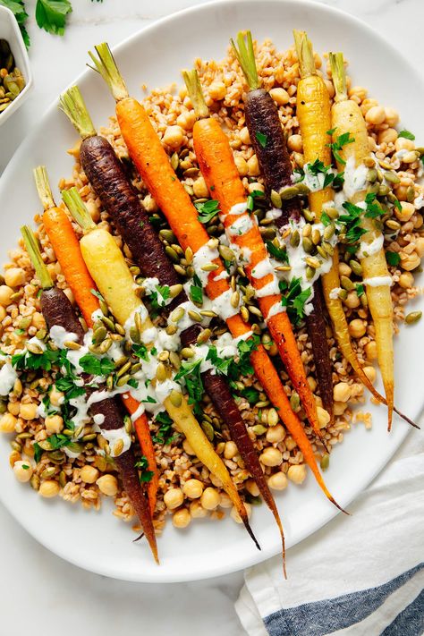 Spiced Pepitas, Creme Fraiche Sauce, Carrot Dishes, Farro Recipes, Roasted Carrots Recipe, Cookie And Kate, Roasted Carrot, Rainbow Carrots, Vegetarian Main Dishes