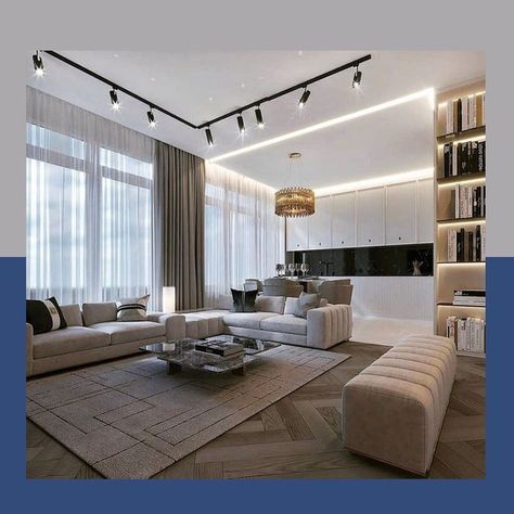 Track Lighting Living Room, Living Room Spotlights, Neoclassic Interior, Modern Track Lighting, Apartment Lighting, Open Floor Concept, Track Lights, Living Comedor, Living Room Ceiling