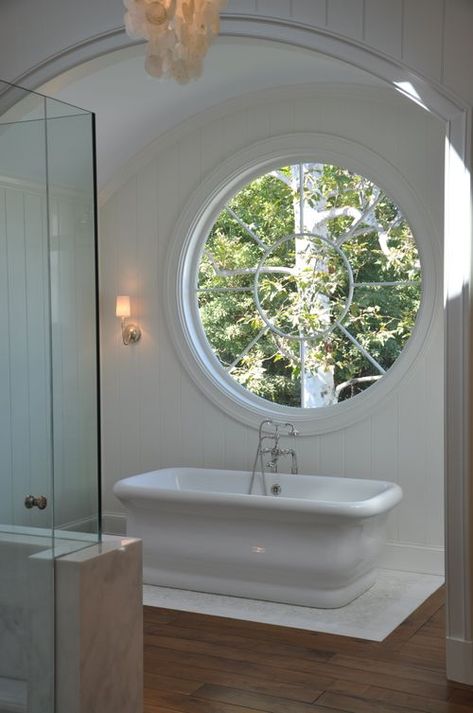 Paul Morrow... Simply beautiful free standing tub. If a person isn't into the claw foot, these are very comfortable 'soaking' tubs! Large Window Decor, All White Bathroom, Porthole Window, Round Window, Real Estat, White Bath, Bathroom Windows, Window Room, Dream Bathrooms