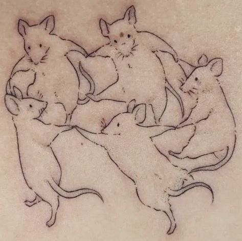 Rat Line Tattoo, Rat Tattoo Realistic, Dancing Rats Tattoo, Dancing Rats Drawing, Dancing Mice Drawing, Hairless Rat Tattoo, Dancing Mice Tattoo, Rat Line Drawing, Three Blind Mice Tattoo