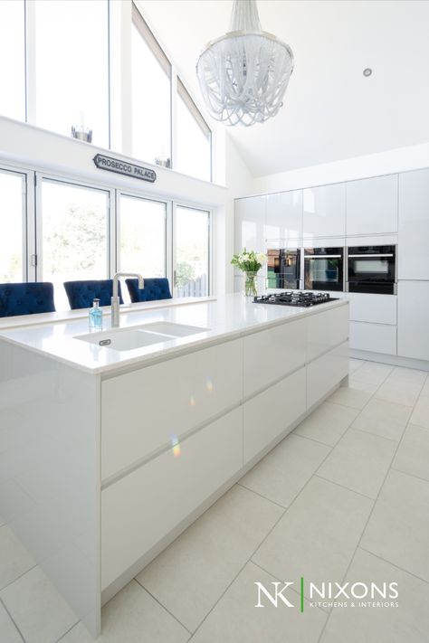 Fruin J-Pull handleless frontal in Dove gloss J Pull Kitchen, Gloss Kitchen, White Beams, Natural Lighting, Through The Window, Dove Grey, Bright White, Beams, Palace