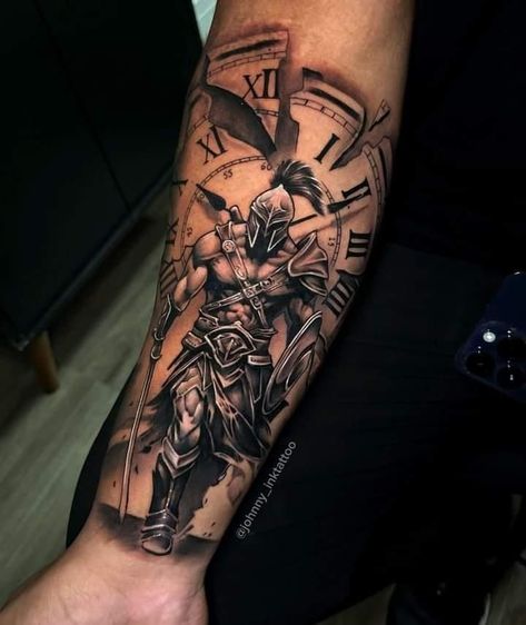 Spartan Tattoo Forearm Men, Half Arm Tattoo Men, Spartan Forearm Tattoo, Spartan Tattoo Forearm, Knights Tattoo, Half Sleeve Tattoos Wolf, Ares Tattoo, Spartan 300, Lion Shoulder Tattoo