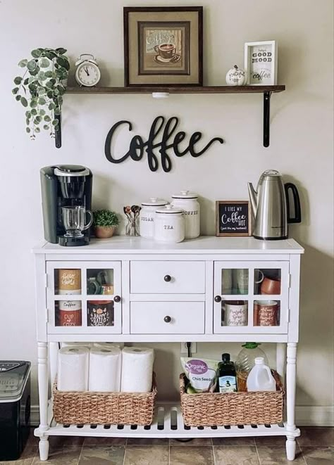 Yea And Coffee Station, Coffee Theme Kitchen Ideas Wall Decor, Coffee Station Ideas For Small Spaces, Cafe Station Ideas, Organize Coffee Station, Corner Coffee Station Ideas, Dorm Room Coffee Station, Kallax Coffee Bar, Coffee Corner In Living Room