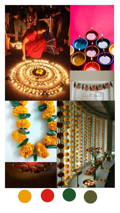 Marigold, colourful diyas, traditional big rangoli, bold solid colours like red, yellow, green Hand Embroidery Tutorial, Embroidery Tutorials, Colour Scheme, Diwali, Hand Embroidery, Mood Board, Color Schemes, Embroidery, Colour Schemes