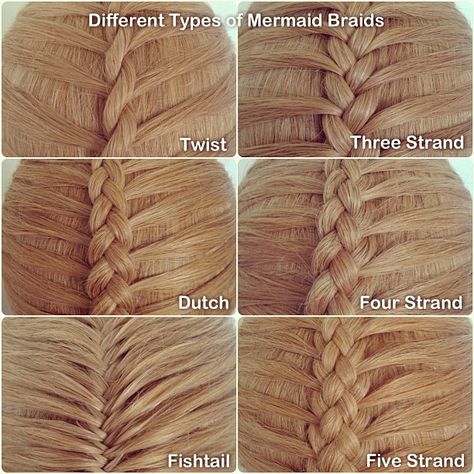 Different types of mermaid braids  For those who don't know the difference, a mermaid braid has a different sectioning pattern than a regular French or Dutch braid, or any variations of these, as show here. -Bre Mermaid Types, Braids Mermaid, Mermaid Braids, Different Braids, Mermaid Braid, Types Of Braids, Pinterest Hair, 짧은 머리, Hair Dos