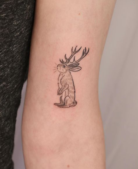 A Little Archer & the Jackalope 🏹 📯 Thank you to Emily and Katherine for getting these brave and curious forest dwellers 🌳 #rabbittattoo #finelinetattoo #brisbanetattoo #goldcoasttattoo #jackalopetattoo #jackalope Reindeer Tattoo, Traditional Tattoo Dragon, Jackalope Tattoo, Lego Tattoo, Brisbane Tattoo, Leopard Tattoos, Intense Emotions, Pine Tree Tattoo, Forest Tattoos